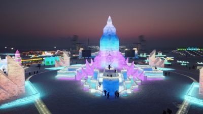 航拍哈尔滨新区第二十一届冰雪大世界夜景