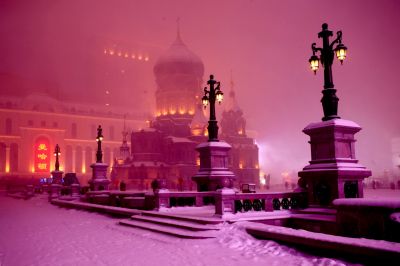 风雪中建筑艺术广场索菲亚大教堂夜景