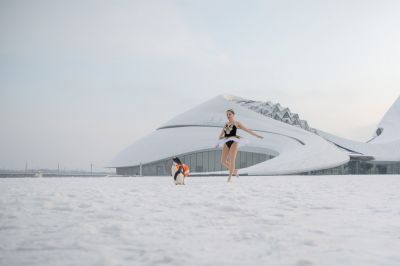 雪后的哈尔滨大剧院企鹅和美女共舞