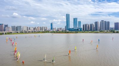 航拍2020年中国哈尔滨帆板奥林匹克场地赛松花江