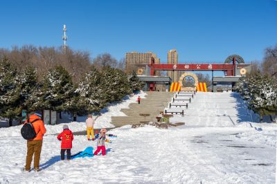 哈尔滨劳动公园冬季雪景玩雪的孩子