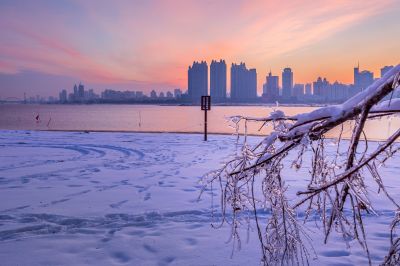 太阳岛江畔的雪后朝霞