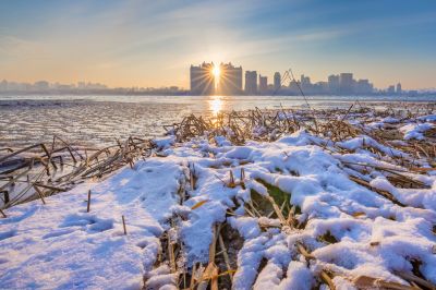 太阳岛江畔的雪后朝霞