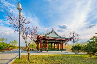 中国亭园花红柳绿春正好