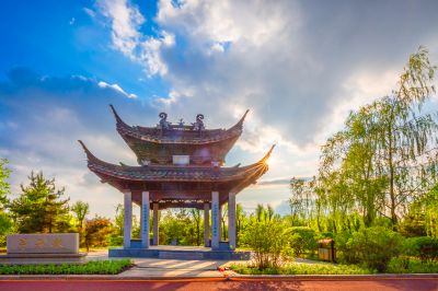中国亭园的夏日风景