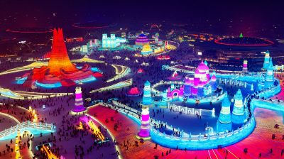 2024年第25届哈尔滨冰雪大世界夜晚航拍