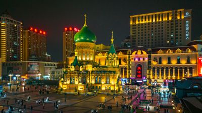 建筑艺术广场索菲亚教堂航拍