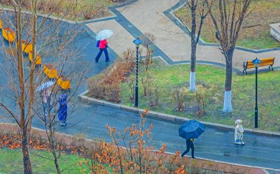 雨中市民打伞 