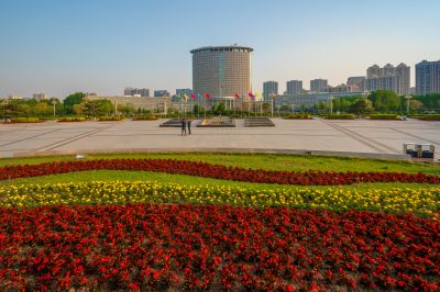 松北区市政府广场花海一湖三岛湿地美景